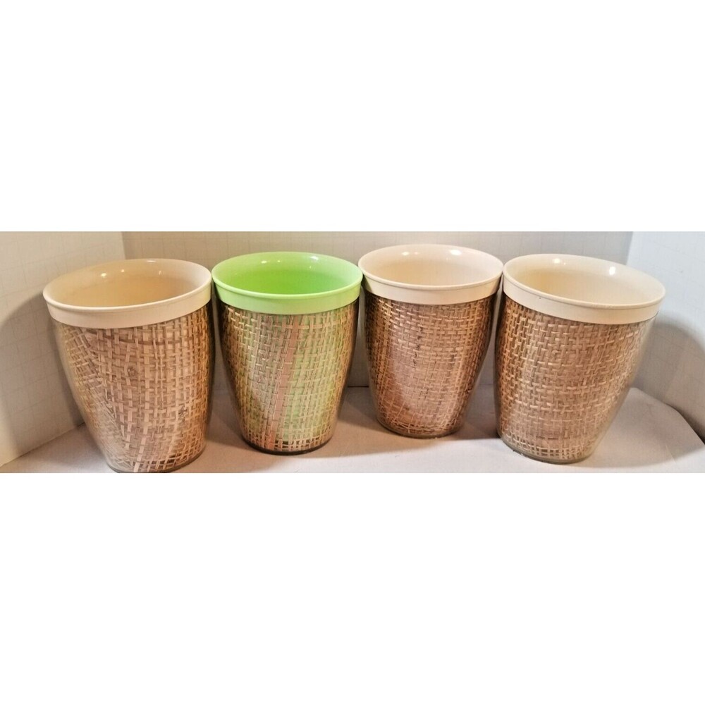 4 Vintage 1950s Raffiaware Woven Tumblers 4 inch MCM Retro
